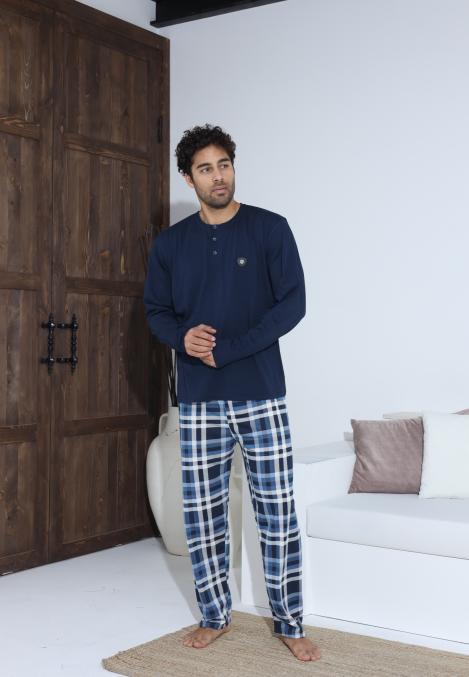 Pijama Barbati ,Maneca si Pantaloni Lungi,Culoare Bleumarin cu Alb,Engros